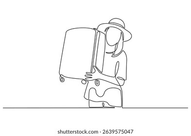 Continuous one line drawing of Young tourist woman with luggage. Single line drawing illustration of Woman with luggage. Tourist girl having holiday trip concept vector art. Doodle line illustration.