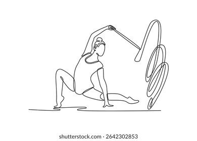Continuous one line drawing young girl rhythmic gymnast practice with ribbon. Female movement, flexible dancing athlete. Action sports competition. Single line draw design vector graphic illustration