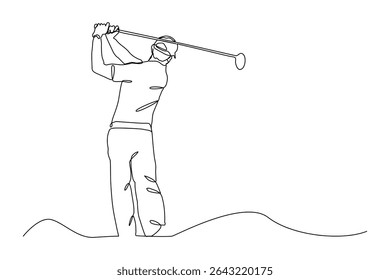 Continuous One line drawing of young sporty golf player hit the ball using golf club graphic vector illustration. Healthy sport concept.	

