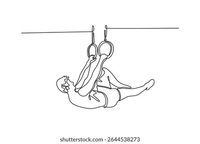 Continuous one line drawing young active strong sweaty athlete muscular fit man with big muscles doing cross workout training on the gymnastic ring. Single line draw design vector graphic illustration