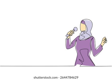 Uma linha contínua desenhando uma jovem e famosa mulher árabe cantando. Prática final para criar um ato de fase atordoante. Cantor talentoso. Dia Nacional da Canção. Ilustração de vetor de design de desenho de linha única