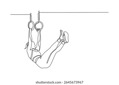 Uma linha contínua desenhando jovem beleza atleta feminino treinamento com anéis de ginástica no ginásio de fitness. A esportista faz acrobacias com roupas esportivas. Ilustração gráfica vetorial de design de desenho de linha única