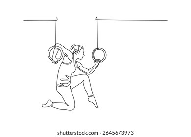 Uma linha contínua desenhando jovem ativo forte suado atleta muscular ajuste mulher com grandes músculos fazendo treino de treino cruzado em anéis de ginástica. Ilustração gráfica vetorial de design de desenho de linha única