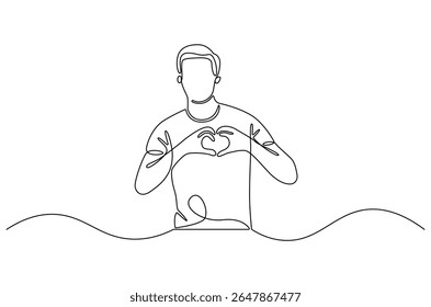 Desenho contínuo de uma linha de Jovem mantém as mãos no peito no sinal de forma do coração. Ilustração de desenho de linha única de Good guy. Expressa conceito de simpatia vetor arte. Desenho de linha ilustração.