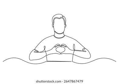Desenho contínuo de uma linha de Jovem mantém as mãos no peito no sinal de forma do coração. Ilustração de desenho de linha única de Good guy. Expressa conceito de simpatia vetor arte. Desenho de linha ilustração.