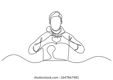 Desenho contínuo de uma linha de Jovem mantém as mãos no peito no sinal de forma do coração. Ilustração de desenho de linha única de Good guy. Expressa conceito de simpatia vetor arte. Desenho de linha ilustração.