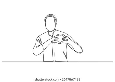Desenho contínuo de uma linha de Jovem mantém as mãos no peito no sinal de forma do coração. Ilustração de desenho de linha única de Good guy. Expressa conceito de simpatia vetor arte. Desenho de linha ilustração.