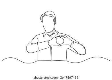 Desenho contínuo de uma linha de Jovem mantém as mãos no peito no sinal de forma do coração. Ilustração de desenho de linha única de Good guy. Expressa conceito de simpatia vetor arte. Desenho de linha ilustração.