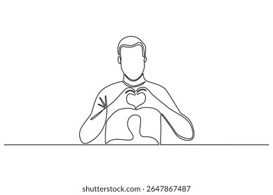 Desenho contínuo de uma linha de Jovem mantém as mãos no peito no sinal de forma do coração. Ilustração de desenho de linha única de Good guy. Expressa conceito de simpatia vetor arte. Desenho de linha ilustração.