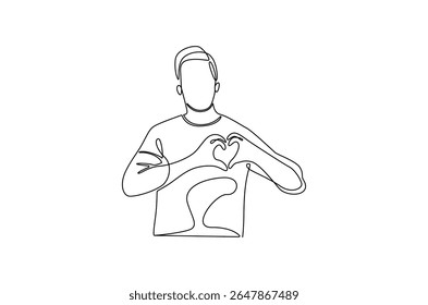 Desenho contínuo de uma linha de Jovem mantém as mãos no peito no sinal de forma do coração. Ilustração de desenho de linha única de Good guy. Expressa conceito de simpatia vetor arte. Desenho de linha ilustração.