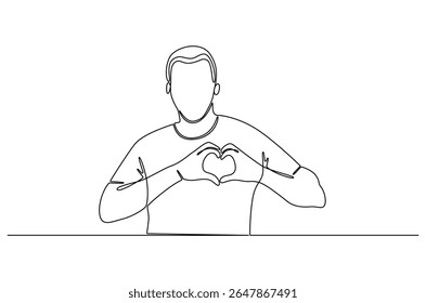 Desenho contínuo de uma linha de Jovem mantém as mãos no peito no sinal de forma do coração. Ilustração de desenho de linha única de Good guy. Expressa conceito de simpatia vetor arte. Desenho de linha ilustração.