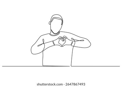 Desenho contínuo de uma linha de Jovem mantém as mãos no peito no sinal de forma do coração. Ilustração de desenho de linha única de Good guy. Expressa conceito de simpatia vetor arte. Desenho de linha ilustração.