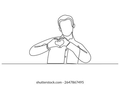 Desenho contínuo de uma linha de Jovem mantém as mãos no peito no sinal de forma do coração. Ilustração de desenho de linha única de Good guy. Expressa conceito de simpatia vetor arte. Desenho de linha ilustração.