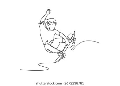 Continuous one line drawing of young female jumping with her skateboard, representing skill, agility, urban lifestyle of skateboarder landing trick. Single line draw design vector graphic illustration