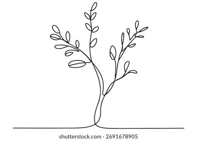 Continuous one line drawing of a young tree with branches and leaves, minimalist nature concept illustration
