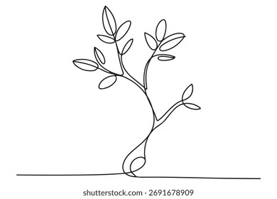 Dibujo continuo de una línea de un árbol joven con ramas y hojas, ilustración de concepto de naturaleza minimalista
