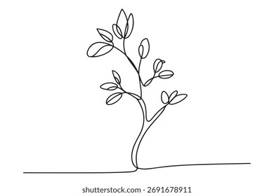 Dibujo continuo de una línea de un árbol joven con ramas y hojas, ilustración de concepto de naturaleza minimalista
