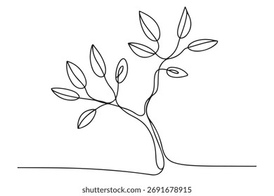 Dibujo continuo de una línea de un árbol joven con ramas y hojas, ilustración de concepto de naturaleza minimalista
