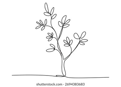 Continuous one line drawing of a young tree with branches and leaves, minimalist nature concept illustration
