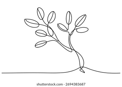 Dibujo continuo de una línea de un árbol joven con ramas y hojas, ilustración de concepto de naturaleza minimalista
