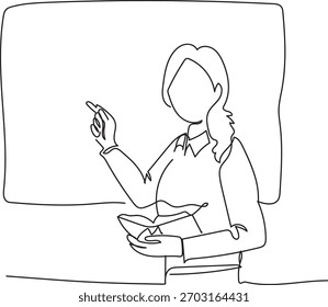 Dibujo continuo de una línea de una joven maestra dando una lección en forma de la clase detrás de la pizarra. Ilustración vectorial