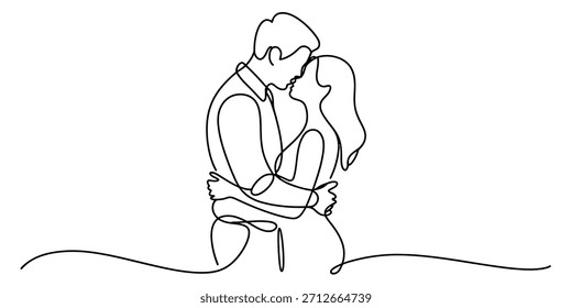 Continuous one line drawing of a young couple embracing and kissing with tenderness, expressing love and romantic connection, isolated minimalist artwork. Vector, illustration