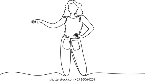 Continuous one line drawing of a young woman, showcasing a stylish pose in casual attire. This simple and elegant single line art captures the beauty and confidence of a female figure. Artwork is isolated on a transparent background, ideal for fashion, lifestyle, or empowerment designs.