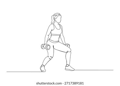 Dibujo continuo de una línea de mujer joven levantando mancuernas en el gimnasio. Ajuste Mujer Levantando Mancuernas Durante El Entrenamiento.