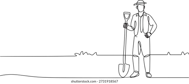 Dibujo continuo de una línea de joven agricultor posa de pie en el campo y sosteniendo una pala. Concepto minimalista de la profesión de trabajo del Profesional. dibujo del icono de una línea
