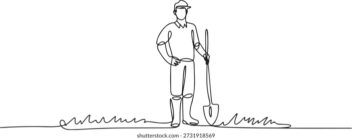 Dibujo continuo de una línea de joven agricultor posa de pie en el campo y sosteniendo una pala. Concepto minimalista de la profesión de trabajo del Profesional. dibujo del icono de una línea
