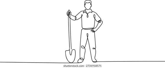 Dibujo continuo de una línea de joven agricultor posa de pie en el campo y sosteniendo una pala. Concepto minimalista de la profesión de trabajo del Profesional. dibujo del icono de una línea
