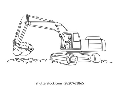 Continuous one line drawing young male driver operating heavy crawler excavator machine digging and lifting dirt inside bucket on construction site. Single line draw design vector graphic illustration