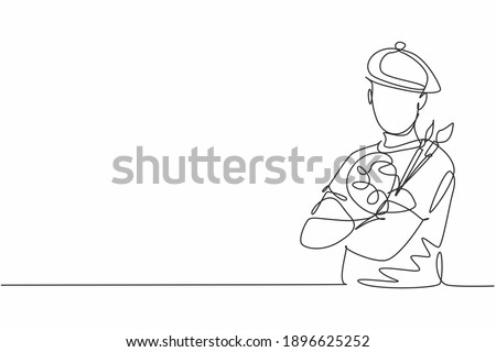 Continuous one line drawing of young male painter artist pose cross arm on chest before painting. Professional job profession minimalist concept. Single line draw design vector graphic illustration