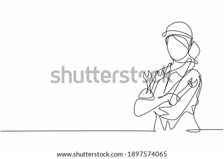 Continuous one line drawing of young female mechanic pose cross arms while holding set of wrench. Professional job profession minimalist concept. Single line draw design vector graphic illustration