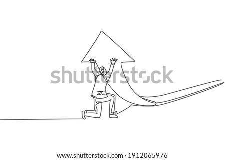 Continuous one line drawing of young male worker lifting the rising financial arrow graph up. Success business manager minimalist concept. Trendy single line draw design vector graphic illustration