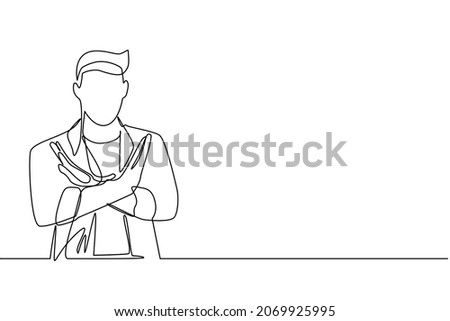 Continuous one line drawing young man crossing arms and saying no gesture. Person making X shape, stop sign with hands and negative expression. Single line draw design vector graphic illustration