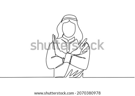 Continuous one line drawing young Arab man crossing arms and saying no gesture. Person making X shape, stop sign with hands and negative expression. Single line draw design vector graphic illustration