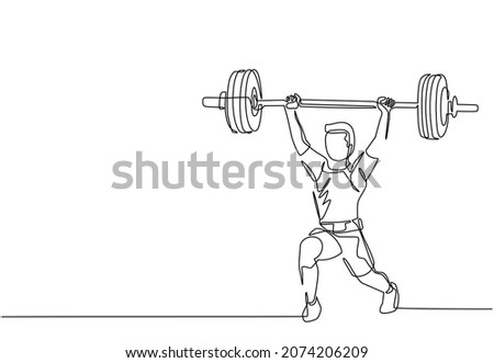 Continuous one line drawing young bodybuilder man doing exercise with a heavy weight bar in gym. Powerlifter train weightlifting. Healthy concept. Single line draw design vector graphic illustration