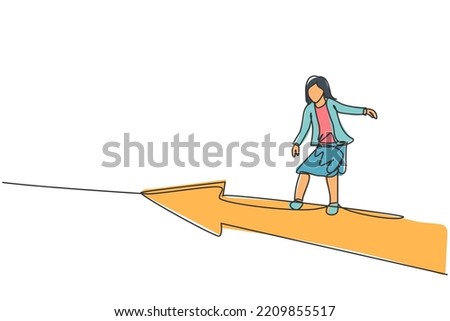 Continuous one line drawing young female worker flying and riding forward arrow to reach goal. Success business manager minimalist concept. Trendy single line draw design vector graphic illustration