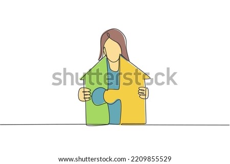 Continuous one line drawing of young female worker build puzzle arrow into arrow house building. Success business manager minimalist concept. Trendy single line draw design vector graphic illustration