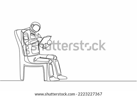 Continuous one line drawing young astronaut sitting on chair and writing on clipboard. Spaceship exploration plan strategy. Cosmonaut outer space. Single line draw graphic design vector illustration