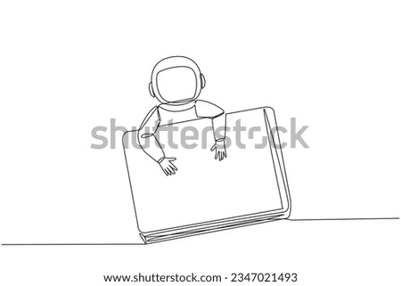 Continuous one line drawing young astronaut hugging laptop. Prepare to transmit data needed by team on earth. Processing of water discovery data on moon. Single line draw design vector illustration