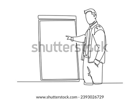 Continuous one line drawing of young business coach pointing finger to the screen board while coaching in front of class. Business coaching concept. Single line draw design vector graphic illustration