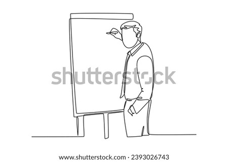 Continuous one line drawing of young presenter pointing finger on audience who want to ask while doing presentation. Workshop presentation concept. Single line draw design vector graphic illustration