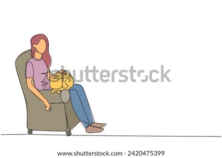 Continuous one line drawing of young beautiful woman sitting on the couch hugging cat and putting it on her thighs. Animal lovers especially cat, pet it untill sleep. Single line draw design vector