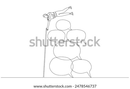 Continuous one line drawing of young man jumping pole vault over pile of speech bubbles, overcoming negative criticism concept, single line art.