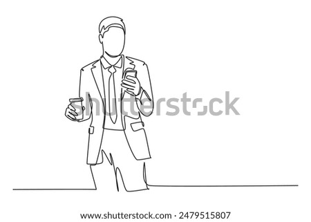 Continuous one line drawing young startup CEO holding smartphone to chat investor and convincing investor to invest at his company. Business deal. Single line draw design vector graphic illustration