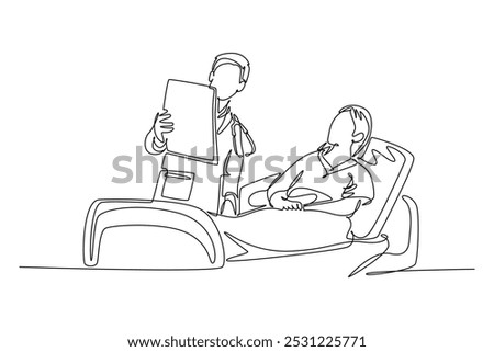 Continuous one line drawing of young doctor show great result of medical record to female patient who laying at hospital bed. Medical health care. Single line draw design vector graphic illustration