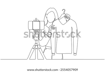 Continuous one line drawing of young woman selling clothes on livestream, online business concept, single line art