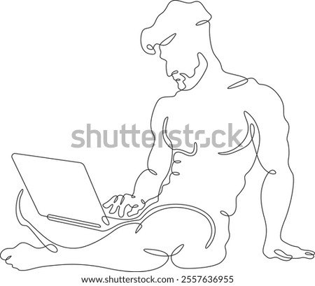 Continuous one line drawing young man sitting with laptop. Naked man working on computer. Online work. One continuous line isolated minimal illustration.Not AI.